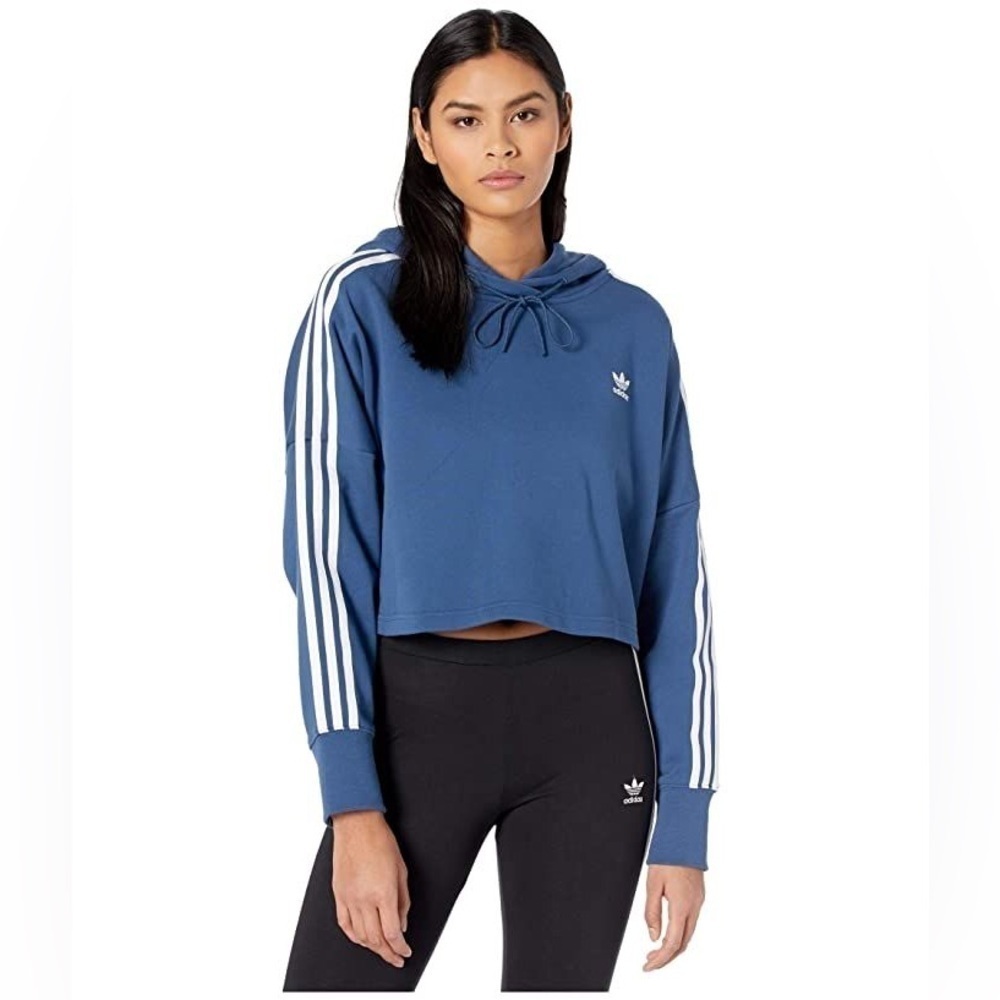 Women Adidas Originals Trefoil 3-Stripes Cropped Hoodie Mineral Blue Size XL